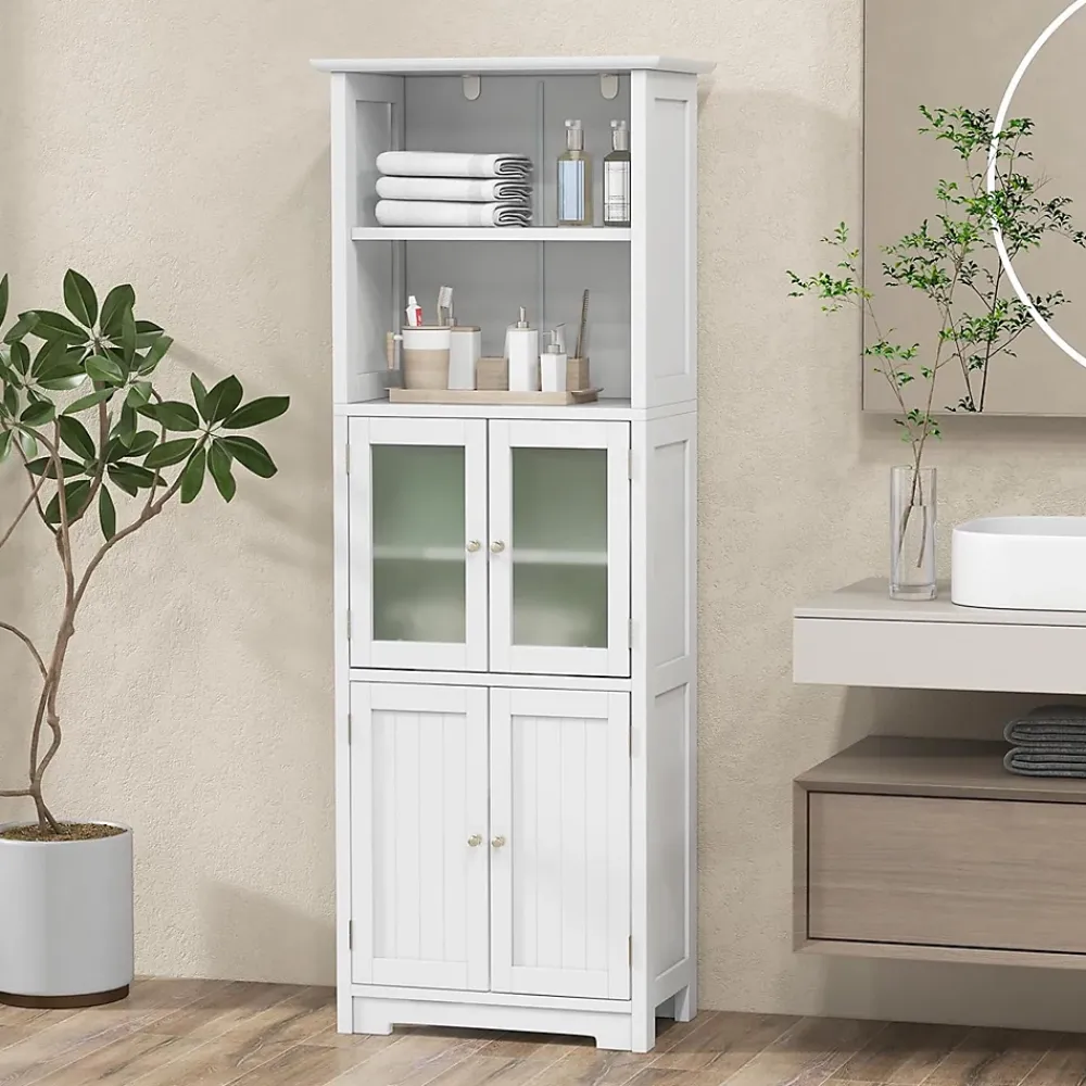 Giantex Meuble de Rangement pour Salle de Bain avec 3 Parties, Rangement 6 Niveaux avec 2 étagères Ouvertes et 2 Compartiments, Blanc