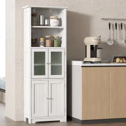 Giantex Meuble de Rangement pour Salle de Bain avec 3 Parties, Rangement 6 Niveaux avec 2 étagères Ouvertes et 2 Compartiments, Blanc