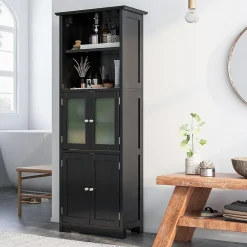 Giantex Meuble de Rangement pour Salle de Bain avec 3 Parties,6 Niveaux ,2 Étagères et 2 Compartiments,Portes en Verre et Poignées(Noir)