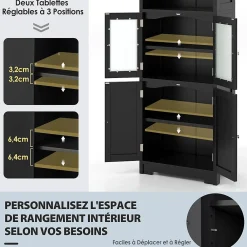 Giantex Meuble de Rangement pour Salle de Bain avec 3 Parties,6 Niveaux ,2 Étagères et 2 Compartiments,Portes en Verre et Poignées(Noir)