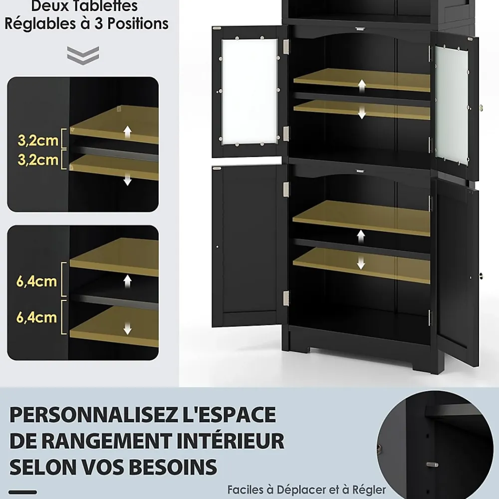 Giantex Meuble de Rangement pour Salle de Bain avec 3 Parties,6 Niveaux ,2 Étagères et 2 Compartiments,Portes en Verre et Poignées(Noir)