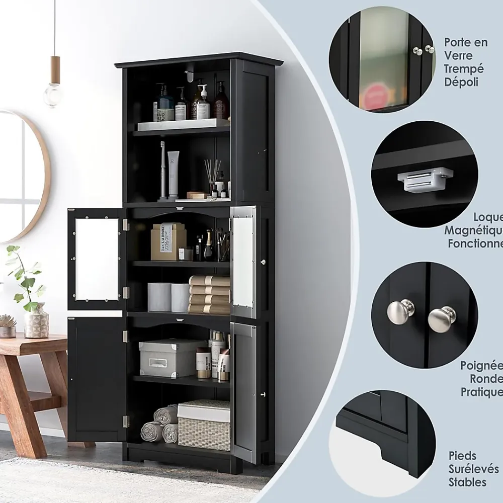 Giantex Meuble de Rangement pour Salle de Bain avec 3 Parties,6 Niveaux ,2 Étagères et 2 Compartiments,Portes en Verre et Poignées(Noir)