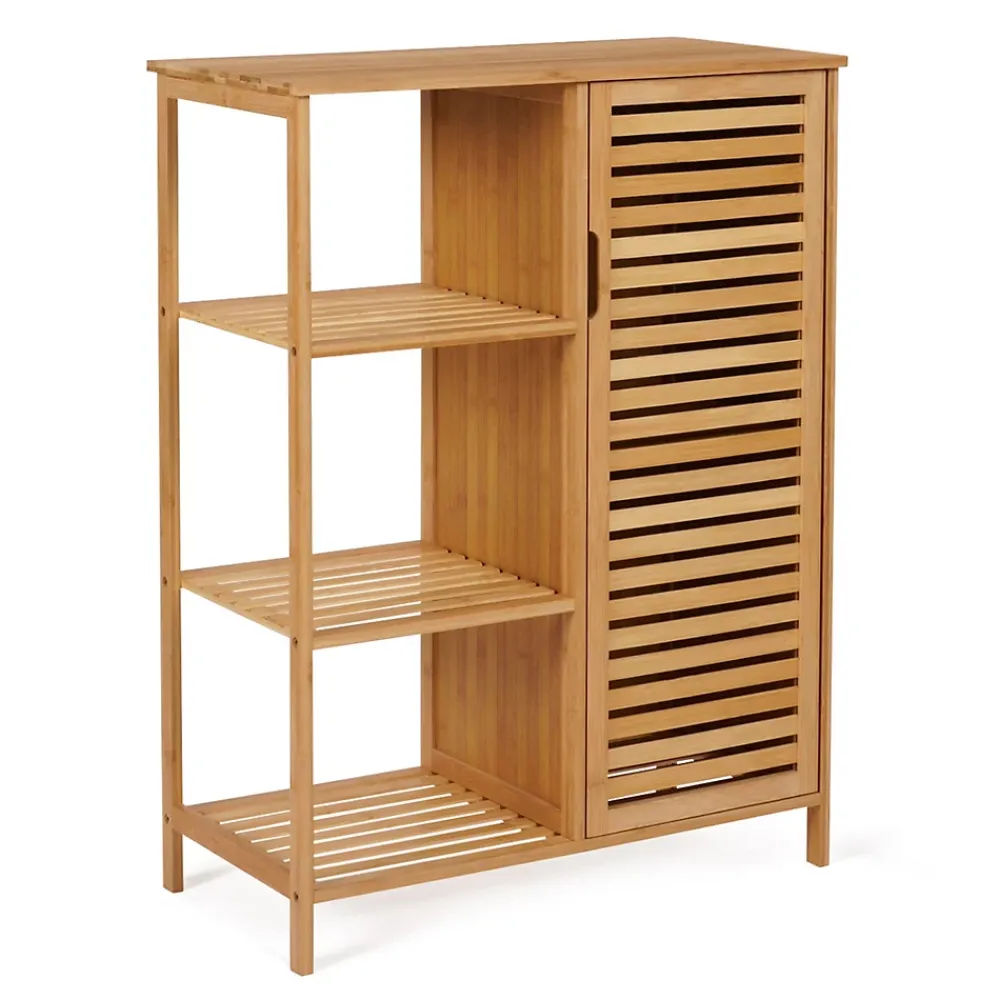 IDMarket Meuble de rangement salle de bain bambou BEA 3 étagères avec placard