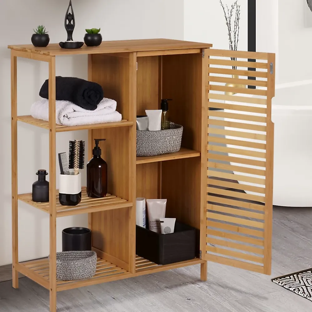 IDMarket Meuble de rangement salle de bain bambou BEA 3 étagères avec placard