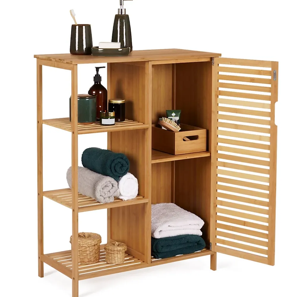 IDMarket Meuble de rangement salle de bain bambou BEA 3 étagères avec placard