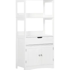 kleankin Meuble de rangement salle de bain - 2 portes, tiroir, 3 étagères - dim. 60L x 33l x 122H cm - MDF blanc