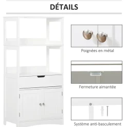 kleankin Meuble de rangement salle de bain - 2 portes, tiroir, 3 étagères - dim. 60L x 33l x 122H cm - MDF blanc