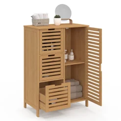 Armoire De Salle De Bains|IDMarket Meuble de rangement salle de bain bambou BEA 3 tiroirs avec placard