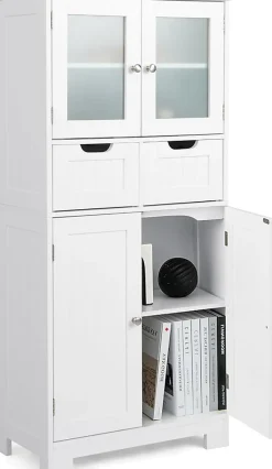 Meuble De Salle De Bains Faible Profondeur|Armoire De Salle De Bains|Giantex Meuble de Rangement sur Pied avec Compartiment à Porte en Verre Trempé 2 Tiroirs et 1 Cabinet Clôturé Meuble dIntérieur
