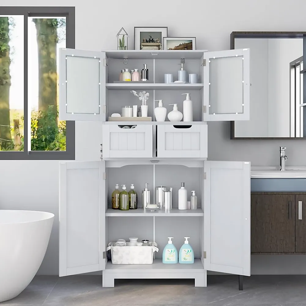 Meuble De Salle De Bains Faible Profondeur|Armoire De Salle De Bains|Giantex Meuble de Rangement sur Pied avec Compartiment à Porte en Verre Trempé 2 Tiroirs et 1 Cabinet Clôturé Meuble dIntérieur