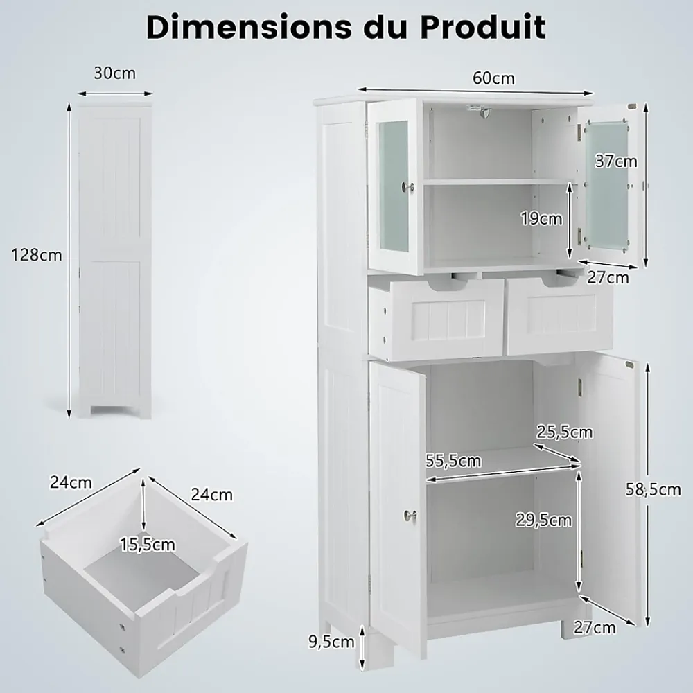 Meuble De Salle De Bains Faible Profondeur|Armoire De Salle De Bains|Giantex Meuble de Rangement sur Pied avec Compartiment à Porte en Verre Trempé 2 Tiroirs et 1 Cabinet Clôturé Meuble dIntérieur