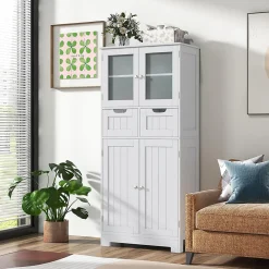 Meuble De Salle De Bains Faible Profondeur|Armoire De Salle De Bains|Giantex Meuble de Rangement sur Pied avec Compartiment à Porte en Verre Trempé 2 Tiroirs et 1 Cabinet Clôturé Meuble dIntérieur