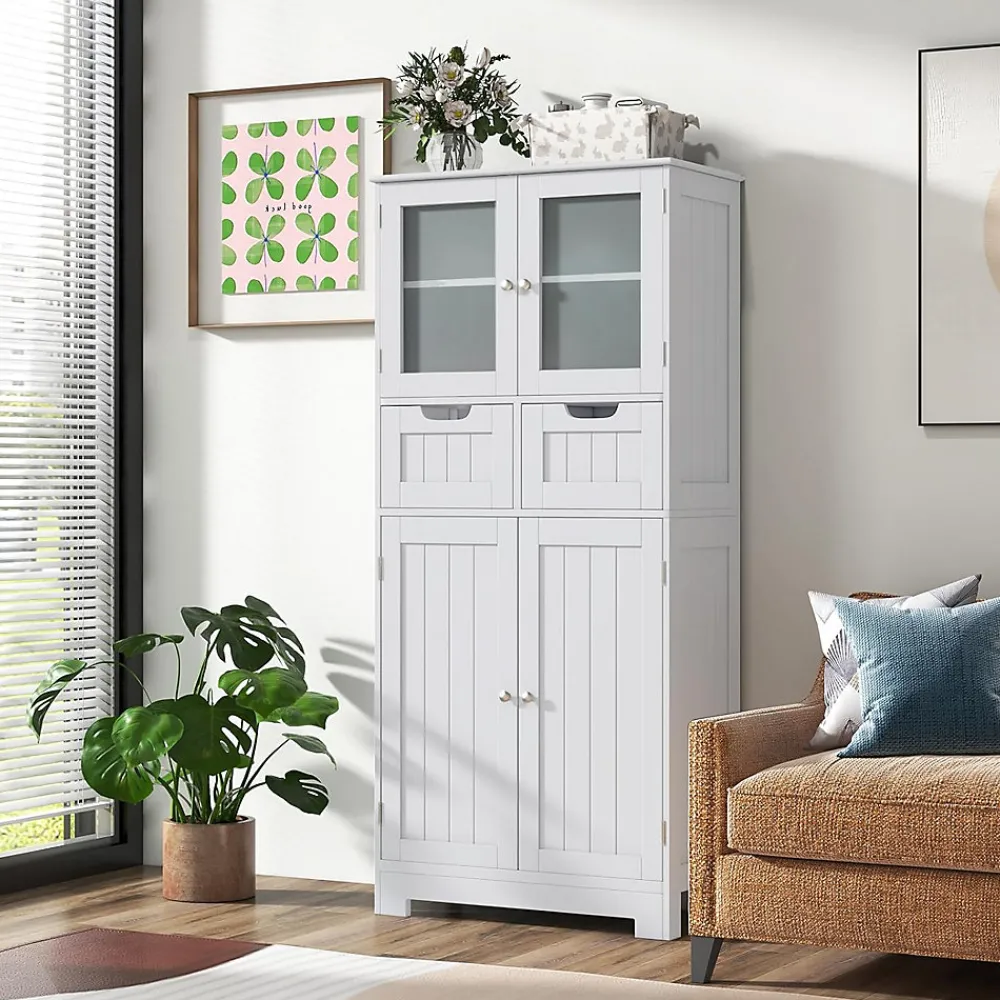 Meuble De Salle De Bains Faible Profondeur|Armoire De Salle De Bains|Giantex Meuble de Rangement sur Pied avec Compartiment à Porte en Verre Trempé 2 Tiroirs et 1 Cabinet Clôturé Meuble dIntérieur