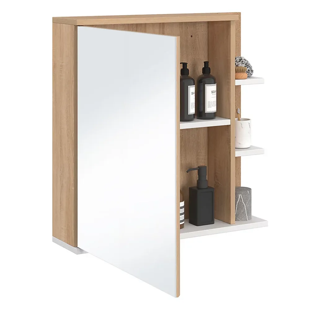 Armoire De Salle De Bains|IDMarket Meuble de rangement suspendu avec miroir et étagères pour salle de bain TOMI façon hêtre et blanc