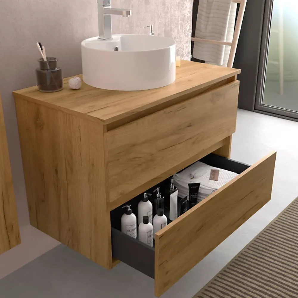 Planète Bain Meuble de salle de bain - 80 cm - Avec vasque à poser - Effet chêne brut - A suspendre - KARAIB