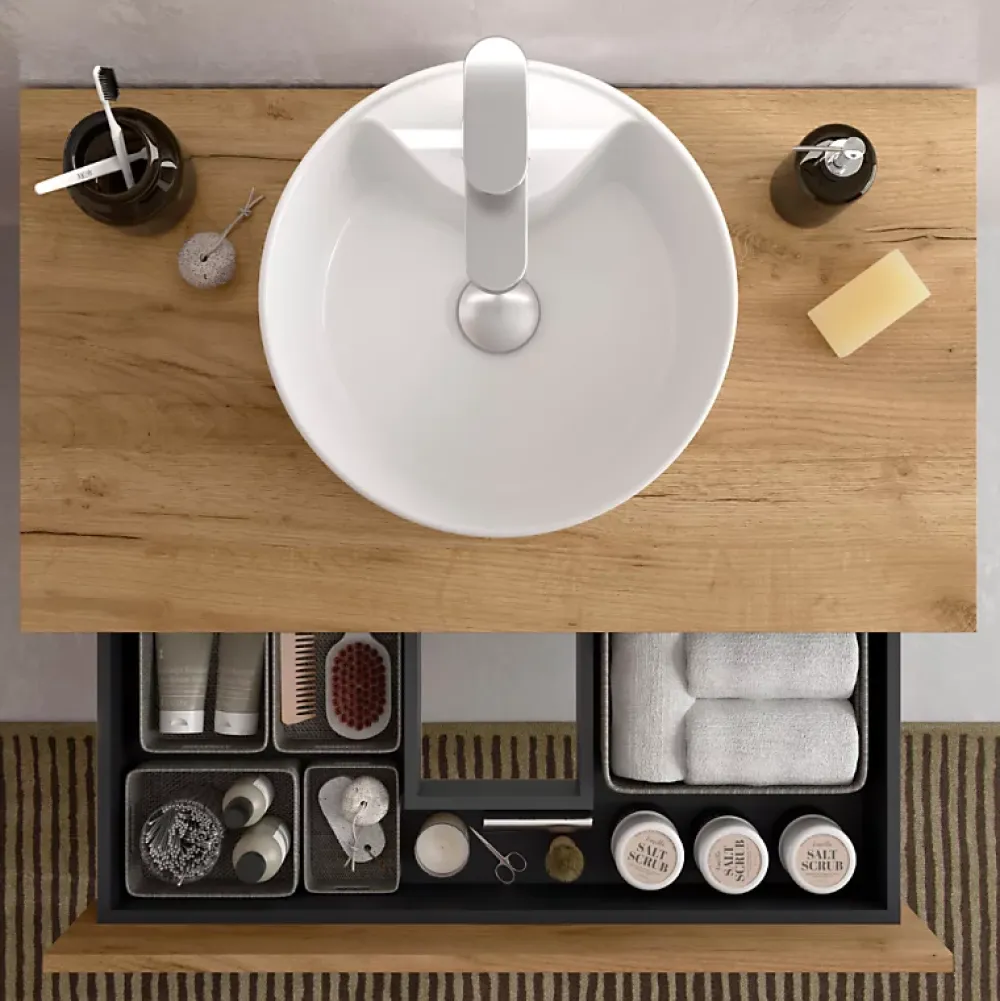 Planète Bain Meuble de salle de bain - 80 cm - Avec vasque à poser - Effet chêne brut - A suspendre - KARAIB