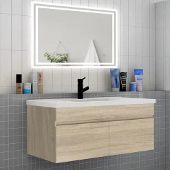 AICA Sanitaire Meuble de salle de bain 100 cm avec vasque suspendu 2 portes, meuble bois clair