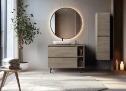 3xE Living Meuble de salle de bain 100 cm (80+20) avec plan de travail supérieur + pieds meuble, Couleur: Chêne Foncé, 100 x 46 x 80,7 cm