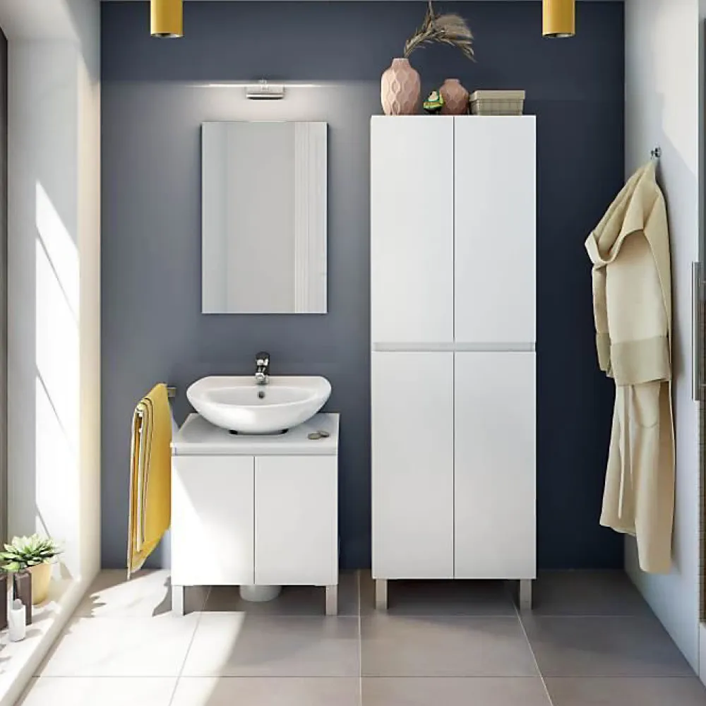 Generic Meuble de salle de bain - double colonne - Blanc brillant - 4 portes - L60 x P35 x H182 cm - DESTAL