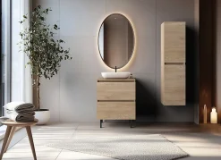 3xE Living Meuble de salle de bain 60 cm avec plan de travail supérieur + pieds meuble, Couleur : Chêne Clair, 60 x 46 x 80,7 cm