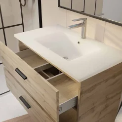 Aurlane Meuble de salle de bain 80 cm - Chêne industriel - 3 Tiroirs - Vasque et Miroir