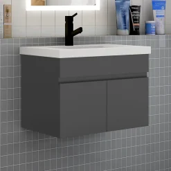Meuble Vasque|AICA Sanitaire Meuble de salle de bain 60 cm avec vasque suspendu 2 portes meuble de salle de bain anthracite