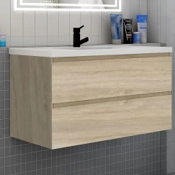 AICA Sanitaire Meuble de salle de bain avec lavabo, 100 cm, 2 tiroirs avec fermeture amortie, meuble suspendu chêne