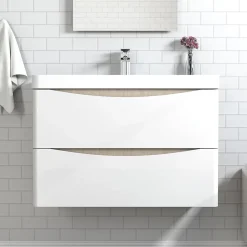 AICA Sanitaire Meuble de salle de bain avec vasque 80 cm, meuble blanc et bois avec 2 tiroirs, meuble démonté