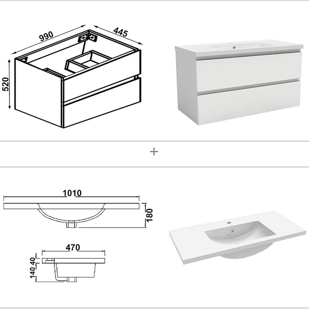Meuble Vasque|AICA Sanitaire Meuble de salle de bain avec lavabo, 100 cm, 2 tiroirs avec fermeture amortie, meuble suspendu blanc