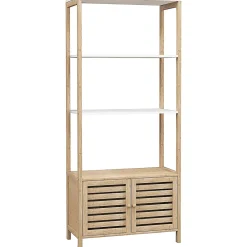 Homcom Meuble de Salle de Bain avec 3 étagères en Bambou 1 Placard avec Portes à Lattes 63 x 30 x 138 cm Bois Naturel et Blanc
