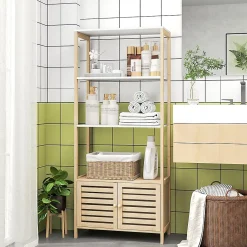 Homcom Meuble de Salle de Bain avec 3 étagères en Bambou 1 Placard avec Portes à Lattes 63 x 30 x 138 cm Bois Naturel et Blanc