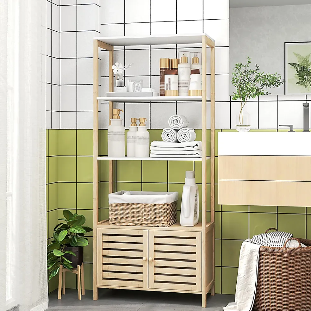Homcom Meuble de Salle de Bain avec 3 étagères en Bambou 1 Placard avec Portes à Lattes 63 x 30 x 138 cm Bois Naturel et Blanc