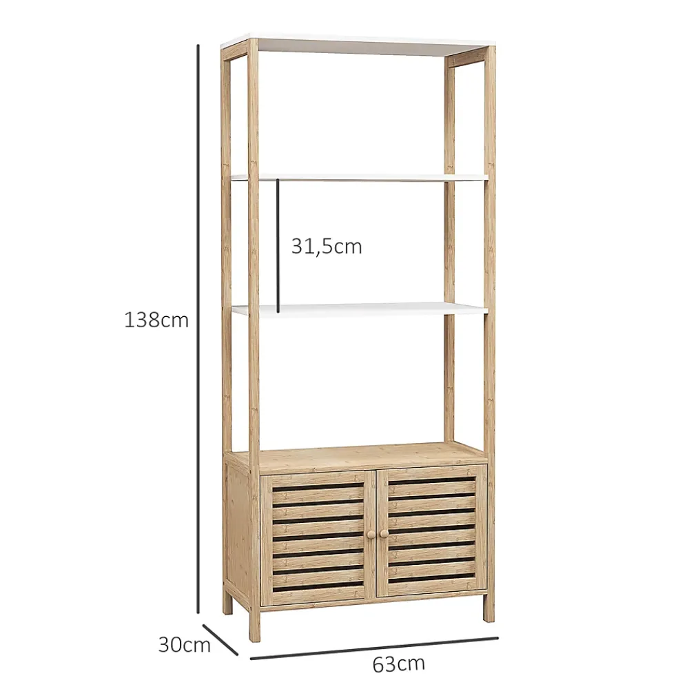 Homcom Meuble de Salle de Bain avec 3 étagères en Bambou 1 Placard avec Portes à Lattes 63 x 30 x 138 cm Bois Naturel et Blanc