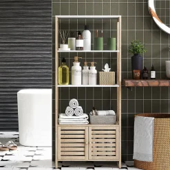 Homcom Meuble de Salle de Bain avec 3 étagères en Bambou 1 Placard avec Portes à Lattes 63 x 30 x 138 cm Bois Naturel et Blanc