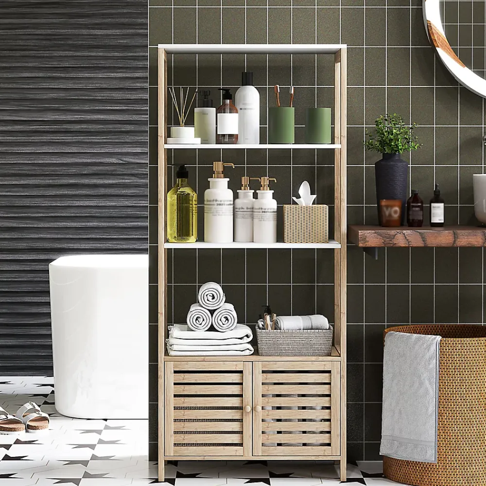 Homcom Meuble de Salle de Bain avec 3 étagères en Bambou 1 Placard avec Portes à Lattes 63 x 30 x 138 cm Bois Naturel et Blanc