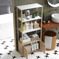 Homcom Meuble de Salle de Bain avec 3 étagères en Bambou 1 Placard avec Portes à Lattes 63 x 30 x 138 cm Bois Naturel et Blanc