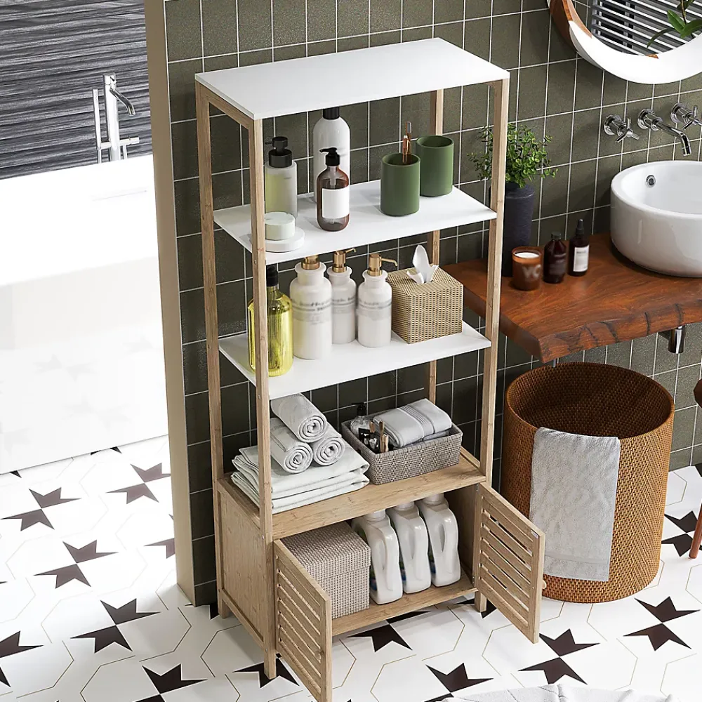 Homcom Meuble de Salle de Bain avec 3 étagères en Bambou 1 Placard avec Portes à Lattes 63 x 30 x 138 cm Bois Naturel et Blanc