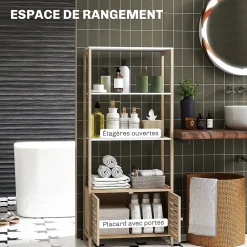 Homcom Meuble de Salle de Bain avec 3 étagères en Bambou 1 Placard avec Portes à Lattes 63 x 30 x 138 cm Bois Naturel et Blanc