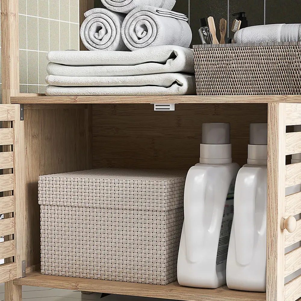 Homcom Meuble de Salle de Bain avec 3 étagères en Bambou 1 Placard avec Portes à Lattes 63 x 30 x 138 cm Bois Naturel et Blanc