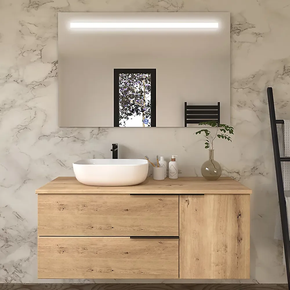 Ensemble Meuble De Salle De Bains|Cosyneo Meuble de salle de bain avec vasque à poser arrondie KING et miroir Led STAM - Roble (chêne clair) - 120cm