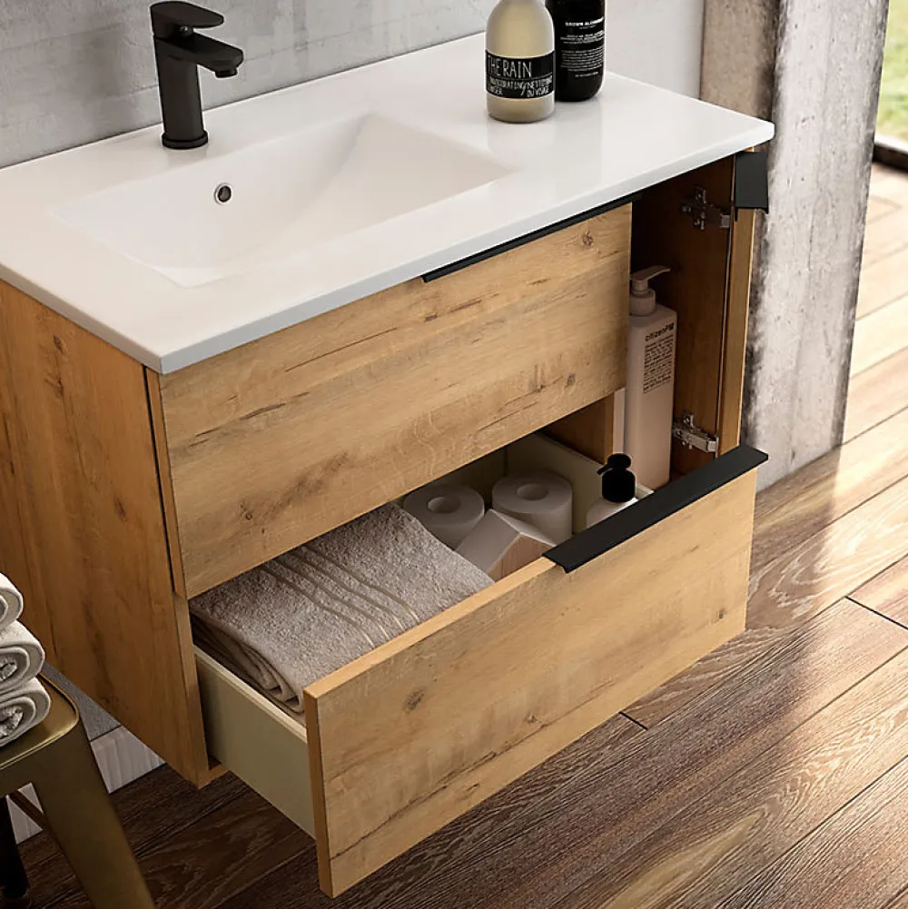 Ensemble Meuble De Salle De Bains|Cosyneo Meuble de salle de bain avec vasque à poser arrondie KING et miroir Led STAM - Roble (chêne clair) - 120cm