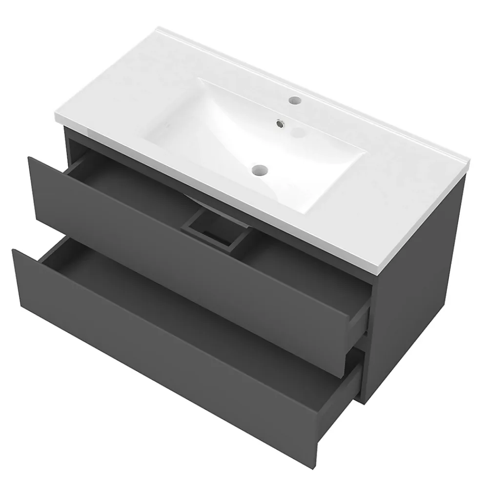 Meuble Sous-Vasque|AICA Sanitaire Meuble de salle de bain anthracite 100cm, suspendu avec 2 tiroirs
