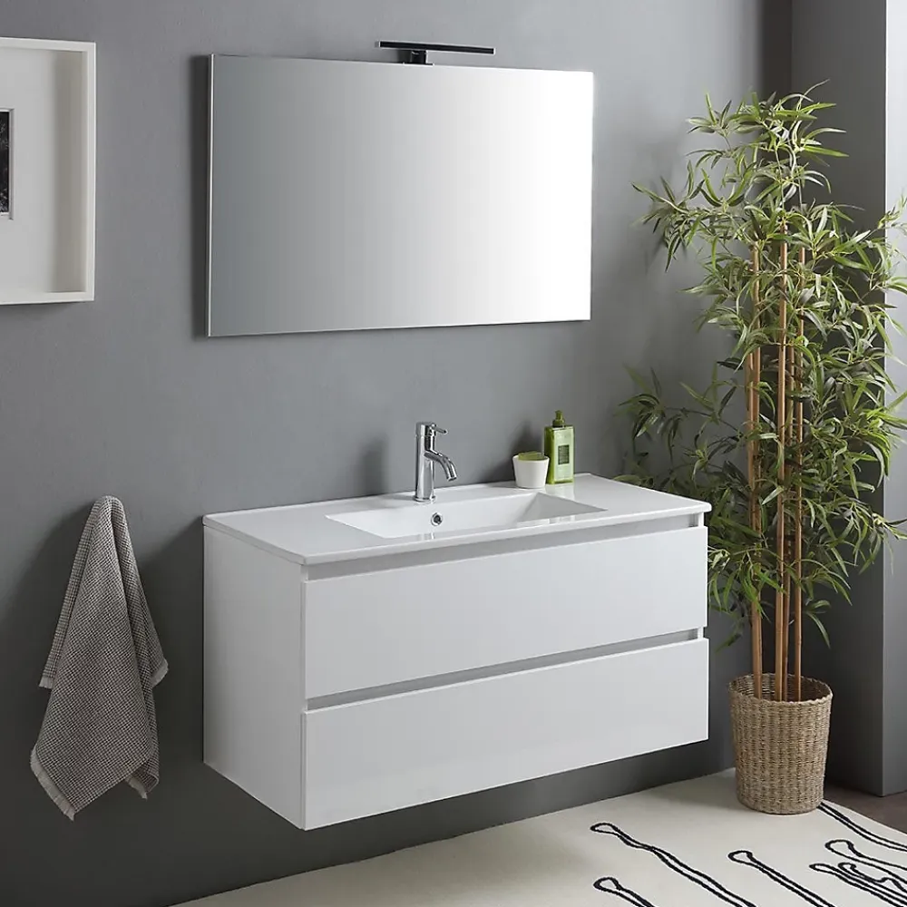 Ensemble Meuble De Salle De Bains|Kiamami Valentina Meuble De Salle De Bain Avec Tiroirs 100Cm Lavabo Et Miroir Blanc Brillant - Benaco