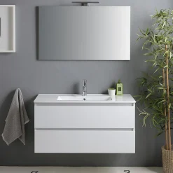Ensemble Meuble De Salle De Bains|Kiamami Valentina Meuble De Salle De Bain Avec Tiroirs 100Cm Lavabo Et Miroir Blanc Brillant - Benaco