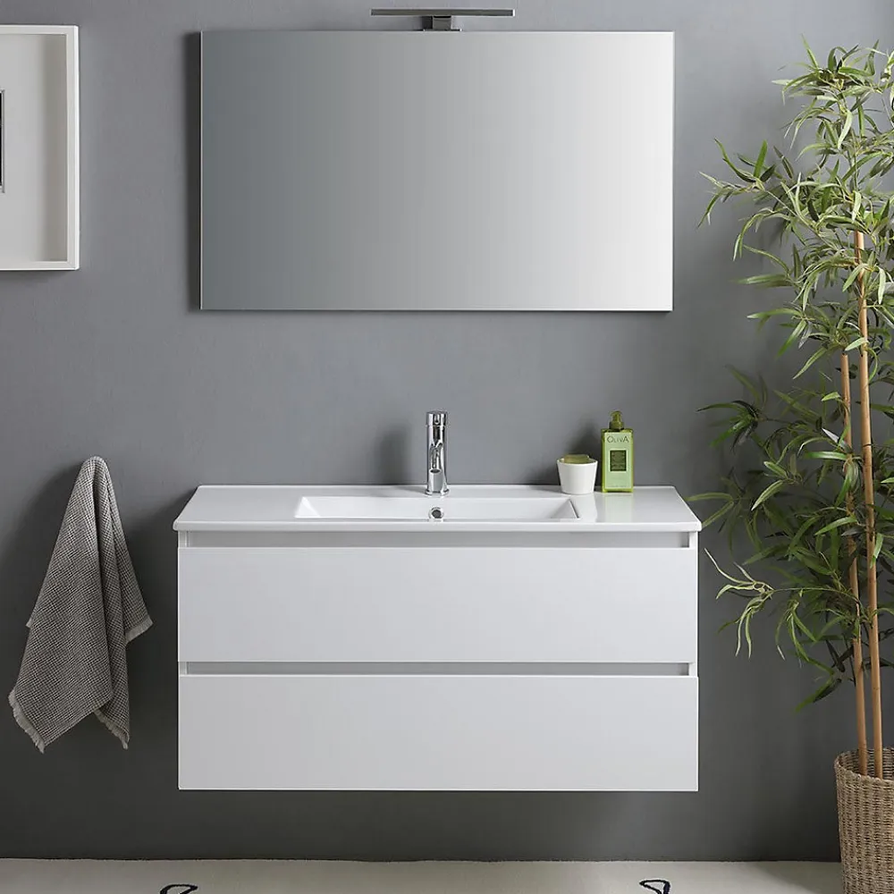 Ensemble Meuble De Salle De Bains|Kiamami Valentina Meuble De Salle De Bain Avec Tiroirs 100Cm Lavabo Et Miroir Blanc Brillant - Benaco