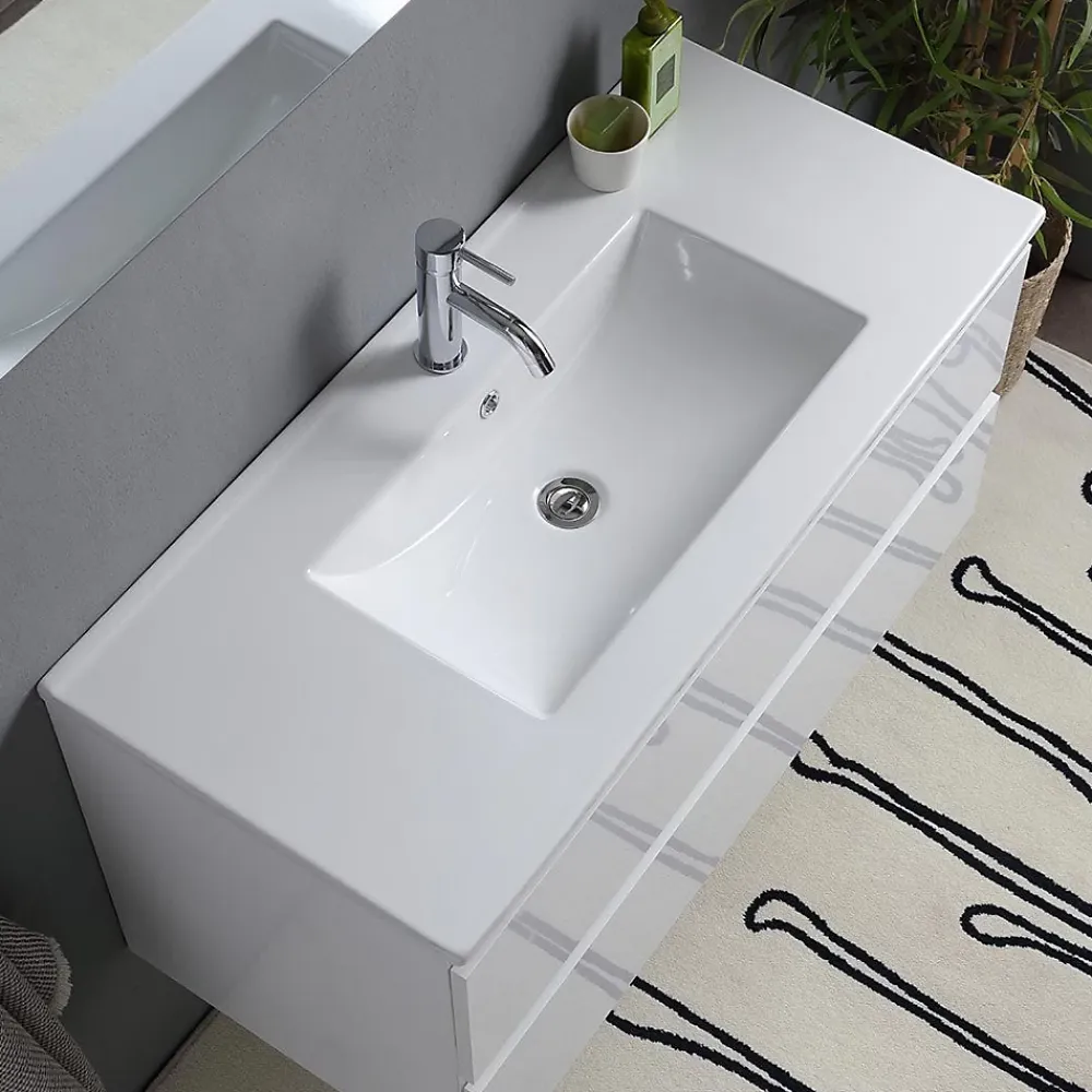 Ensemble Meuble De Salle De Bains|Kiamami Valentina Meuble De Salle De Bain Avec Tiroirs 100Cm Lavabo Et Miroir Blanc Brillant - Benaco
