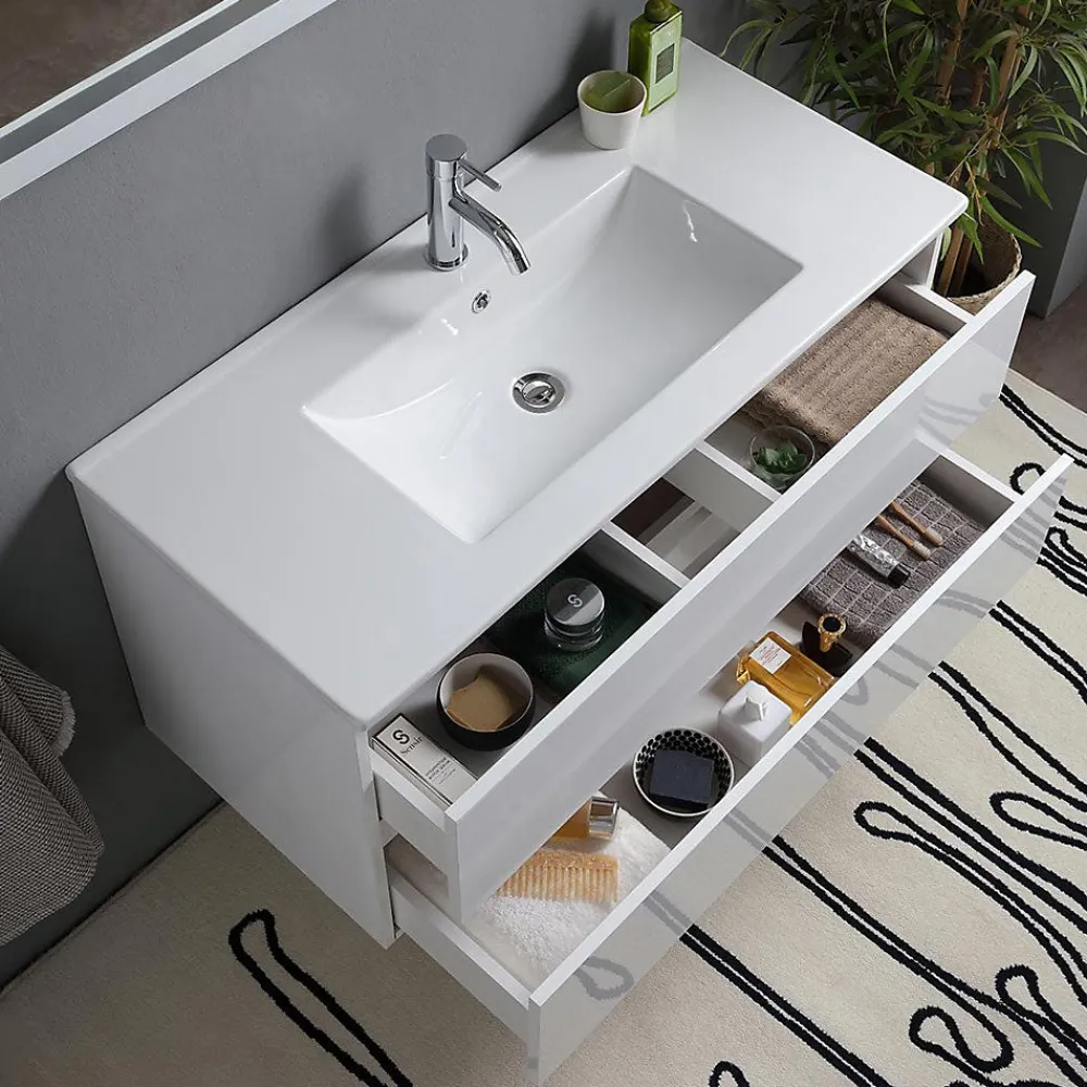 Ensemble Meuble De Salle De Bains|Kiamami Valentina Meuble De Salle De Bain Avec Tiroirs 100Cm Lavabo Et Miroir Blanc Brillant - Benaco