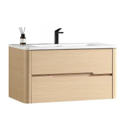 Jindoli Meuble de salle de bain avec vasque 100 cm effet chêne naturel Aquabale