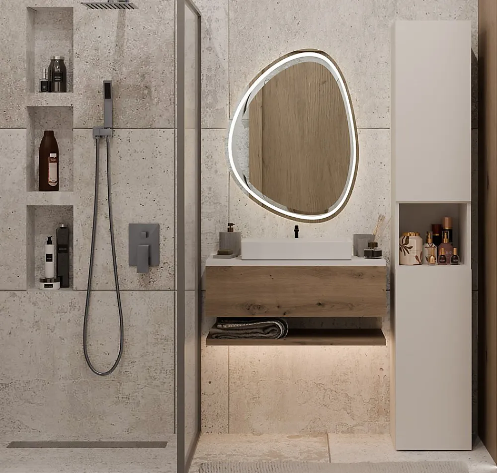 3xE Living Meuble de salle de bain avec panier à linge, cachemire, 174 x 31 x 30cm