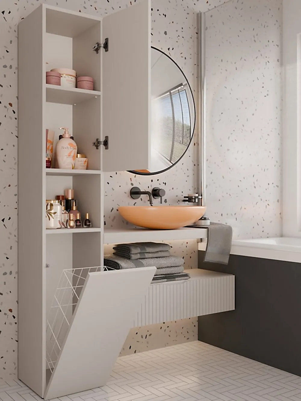 3xE Living Meuble de salle de bain avec panier à linge, cachemire, 174 x 31 x 30cm